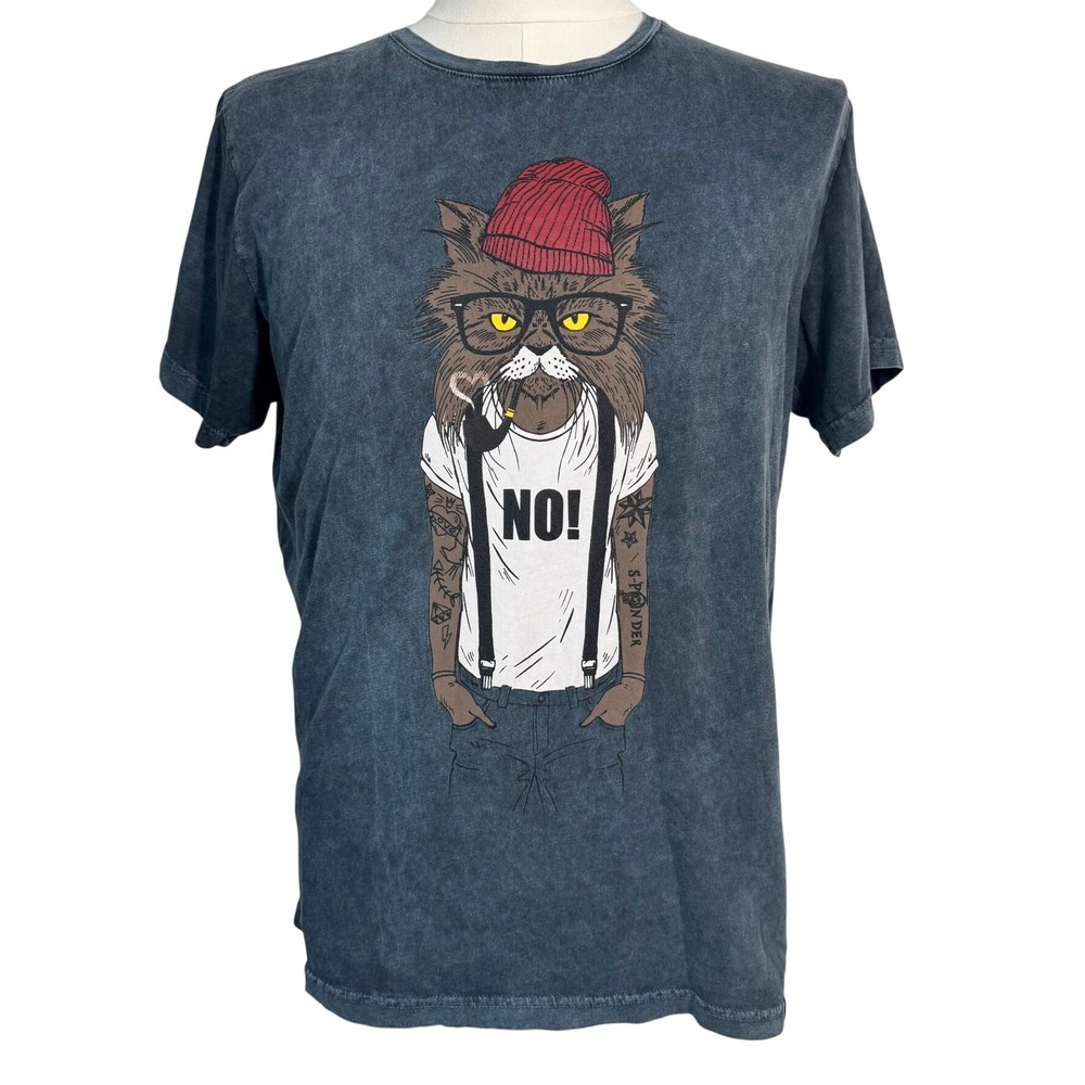 S-PONDER Men's Large‎ Hipster Cat "No" Blue Gray Stone Washed Graphic Tee Shirt